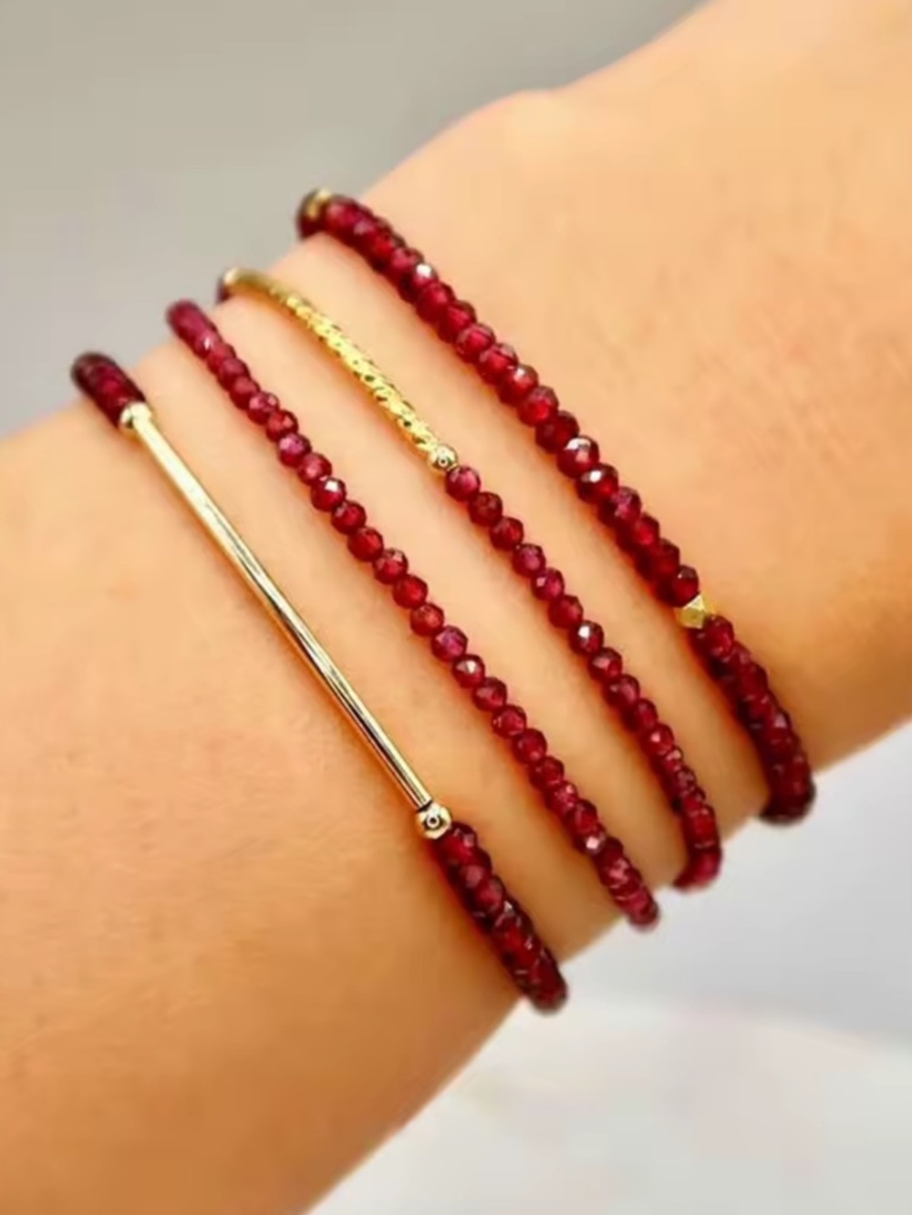 Stretchy Ruby Red Beaded stackable Bracelet with Gold Accents CHOOSE ONE